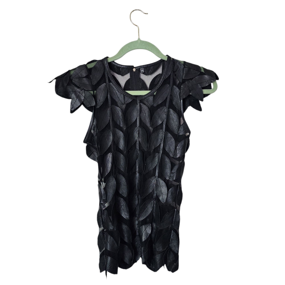 BELGIN FRANCIS Leather Sheer mesh avant-garde Leaf Pattern Sleeveless top in bla